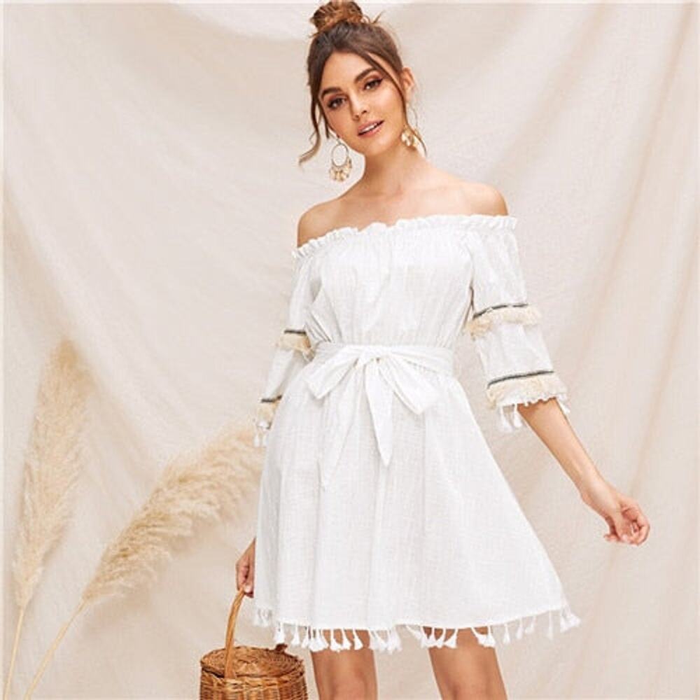 GOODNIGHT MACAROON | Gauze Off‎ the Shoulder Fringe Tassel Dress | S